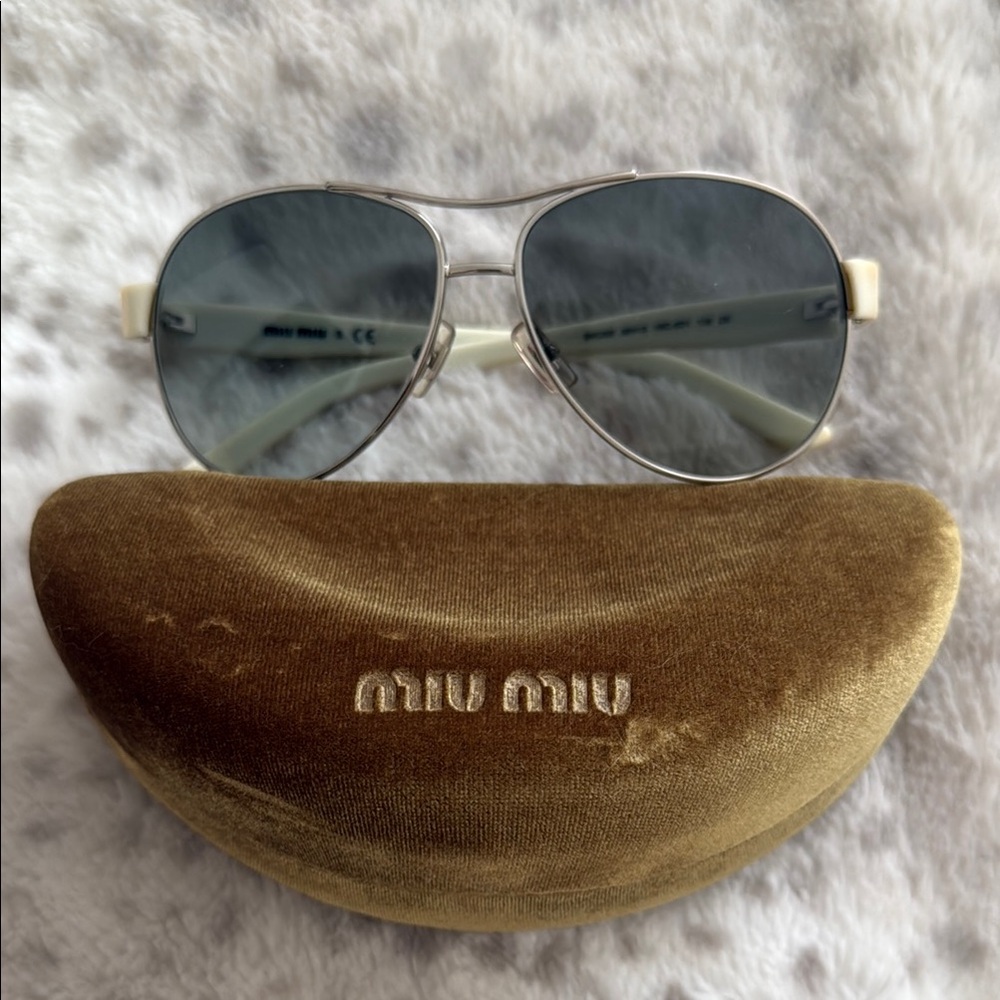 Miu Miu Silver Aviator Sunglasses with Gold Case